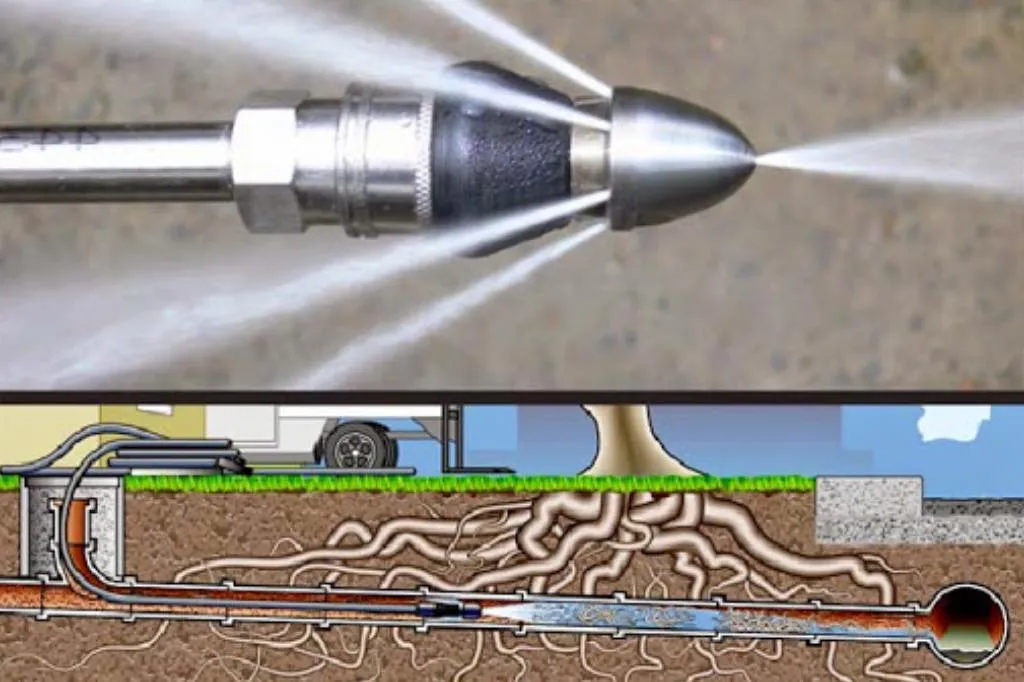 High-pressure drain jetting equipment in use